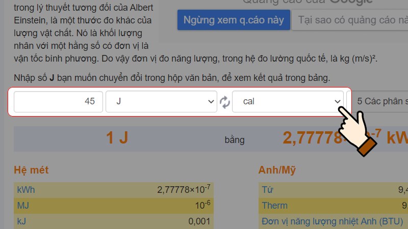 Nhập số lượng muốn chuyển > Chọn đơn vị là Jun (J)