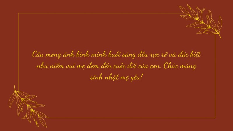 Cầu mong ánh bình minh buổi sáng đều rực rỡ và đặc biệt như niềm vui mẹ đem đến cuộc đời của con. Chúc mừng sinh nhật mẹ yêu!