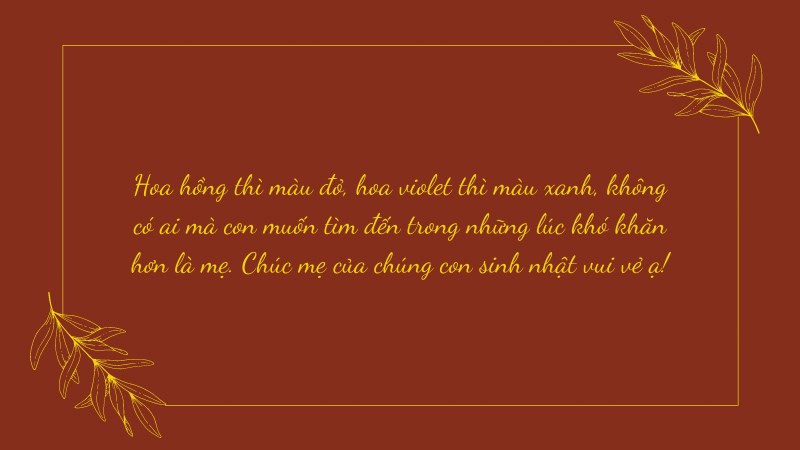 Hoa hồng thì màu đỏ, hoa violet thì màu xanh, không có ai mà con muốn tìm đến trong những lúc khó khăn hơn là mẹ. Chúc mẹ của chúng con sinh nhật vui vẻ ạ!
