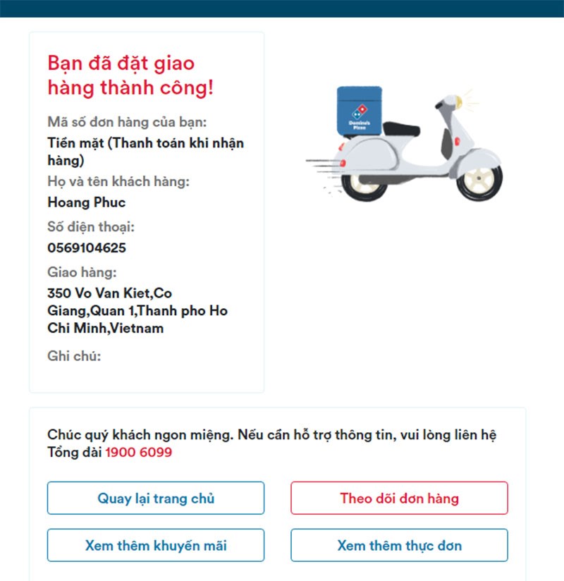 Đặt hàng thành công.