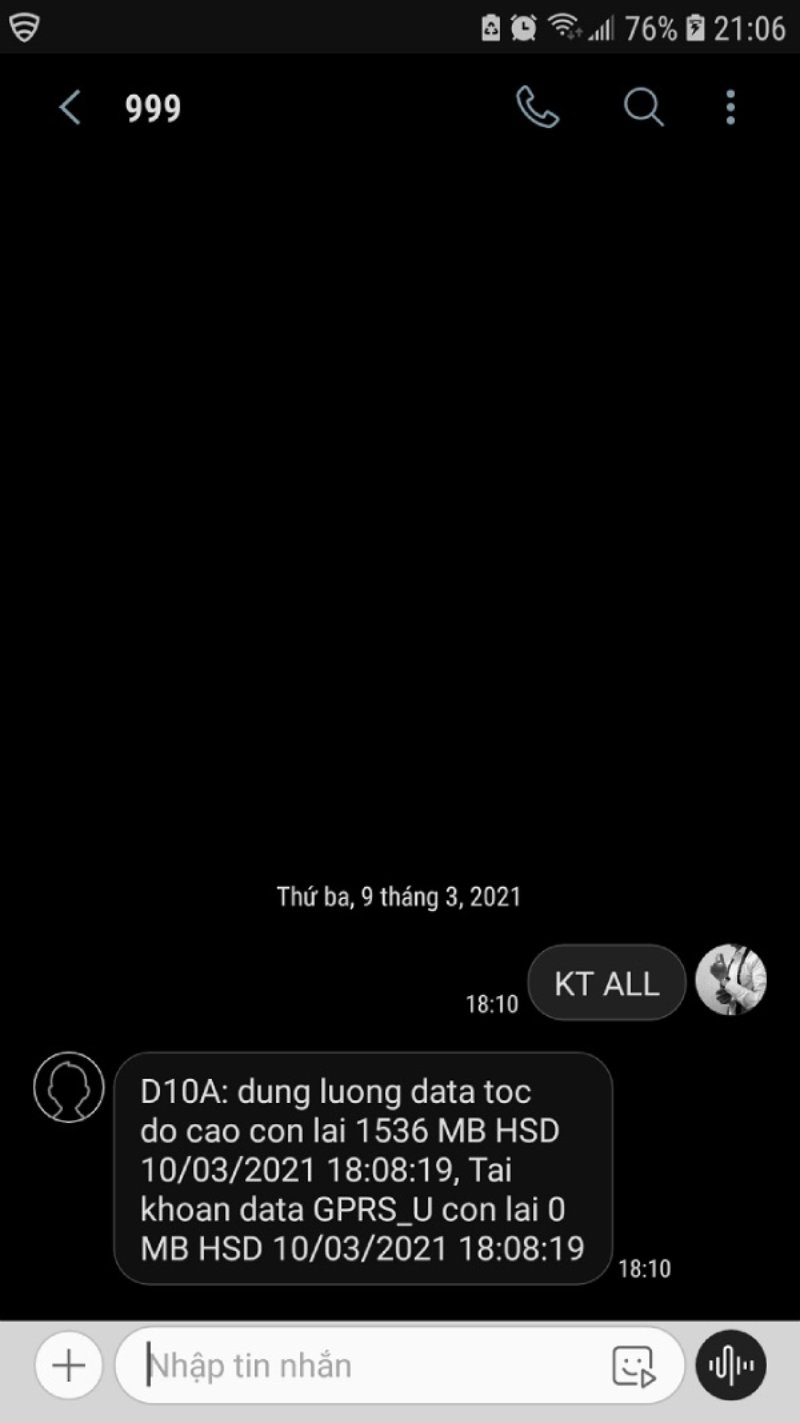 Kết quả hiển thị kết quả kiểm tra dung lượng của gói cước