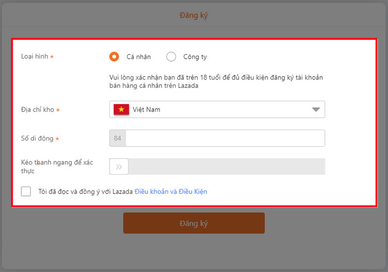Chọn Loại hình, Địa chỉ kho, Số di động, Kéo thanh ngang để xác nhận