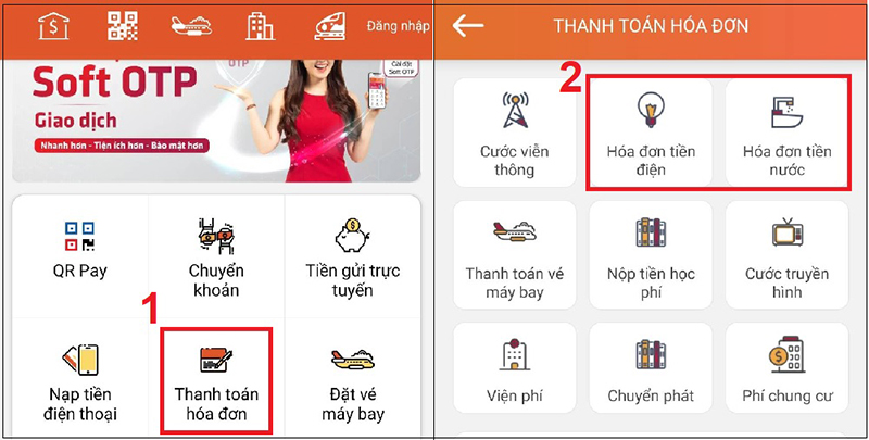 Tiếp đến, chọn mục Thanh toán hóa đơn > Chọn mục Hóa đơn tiền điện/Hóa đơn tiền nước.