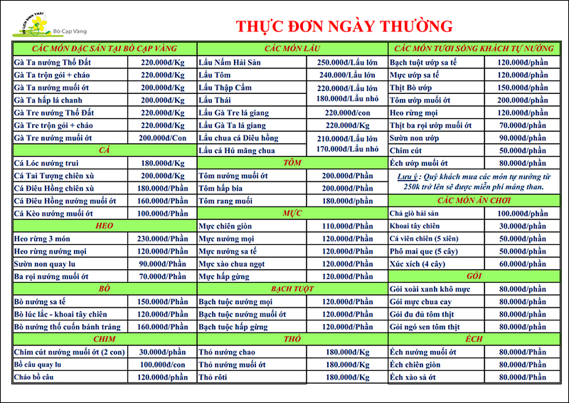 Thực đơn 2 - Ẩm thực Bò Cạp Vàng