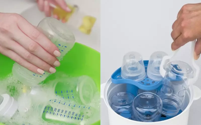 Rửa bình sữa để ráo rồi cho vào máy khử trùng